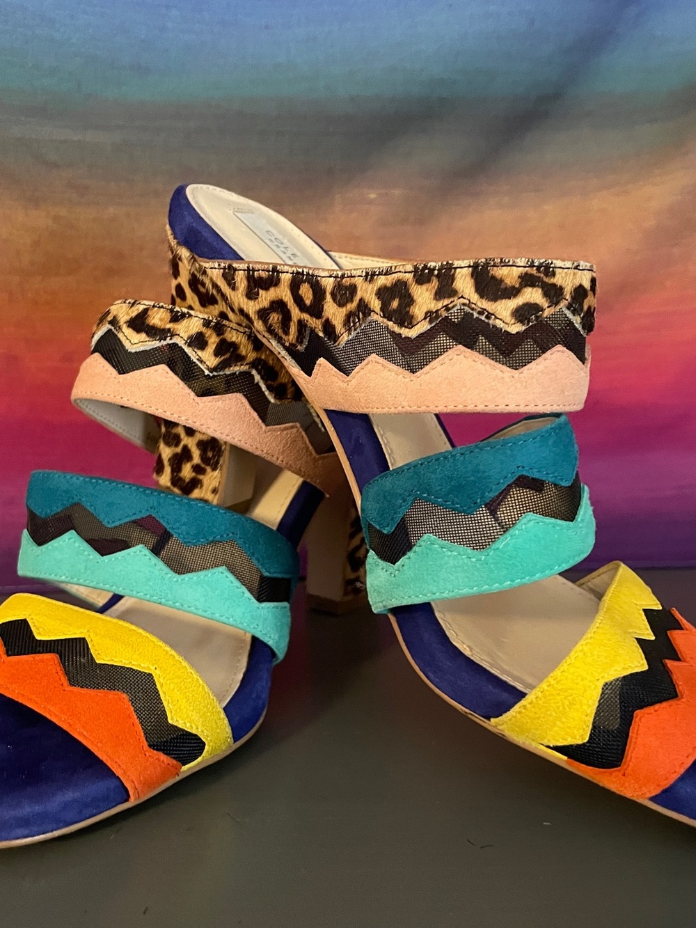Cole Haan Amelia Haircalf Leopard Multicolor Suede Block High Heel Sandals 6B - Picture 12 of 12